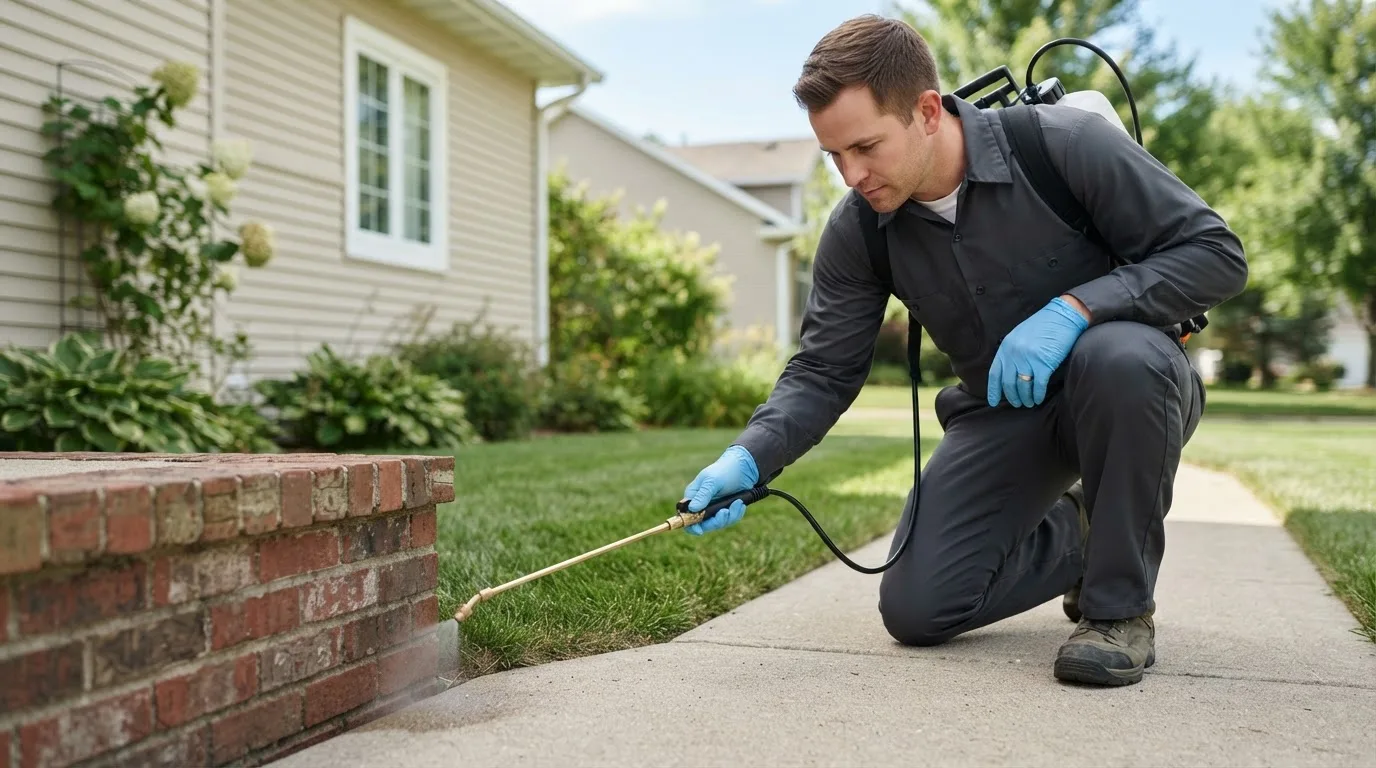Pest control technician treating a home near White Lake, WI