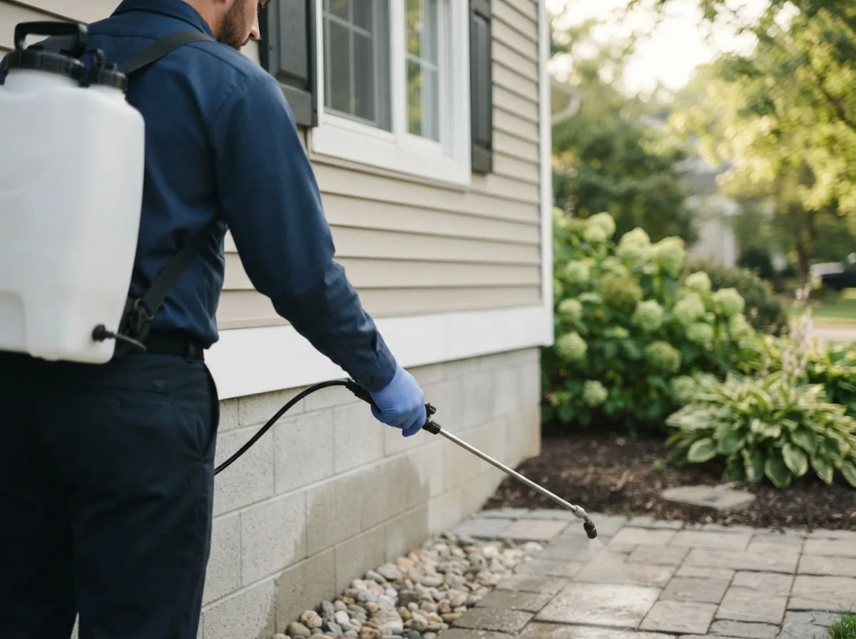 Pest control technician inspecting a home in White Lake, WI